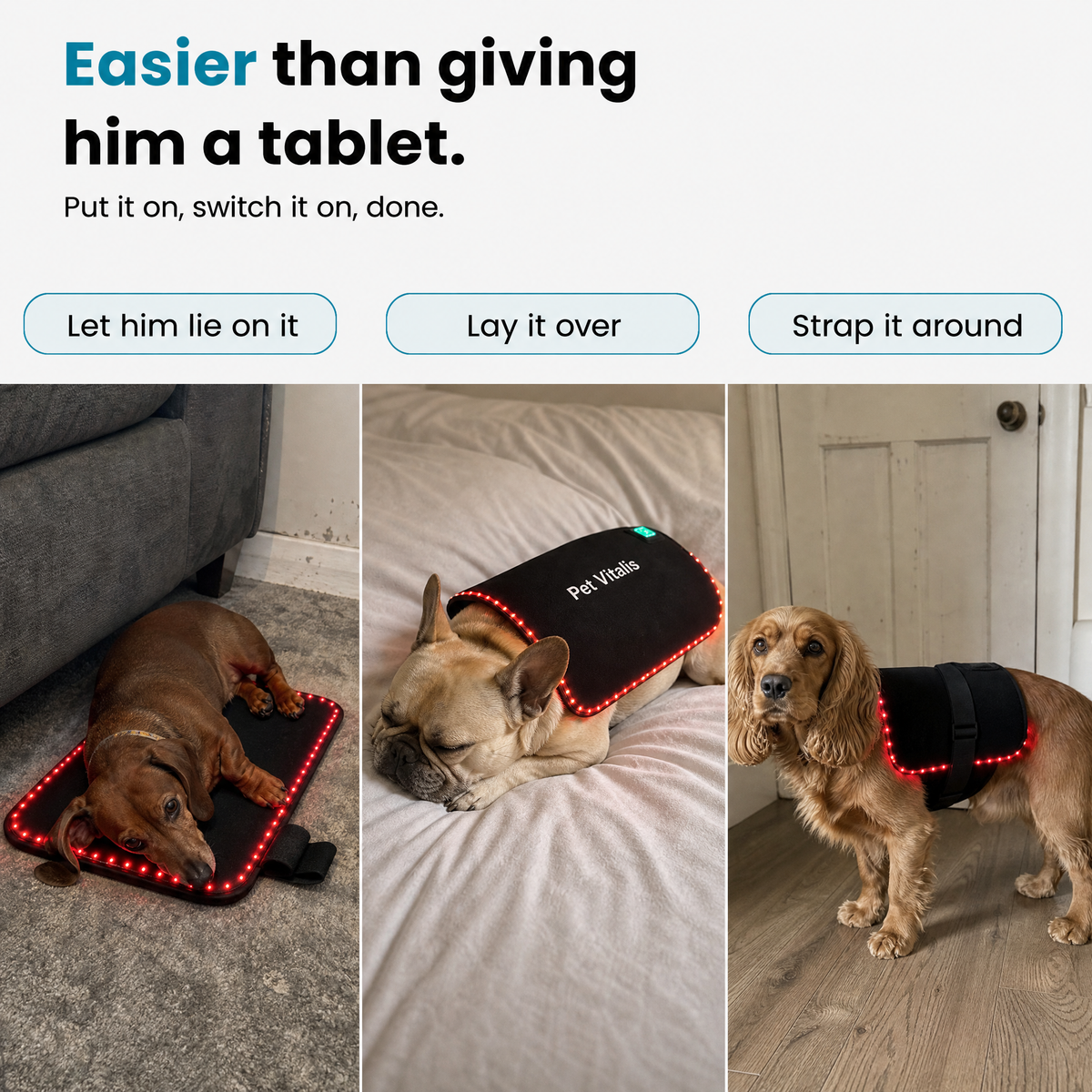 Three ways to use the pad: lie on it, lay it over, strap it around