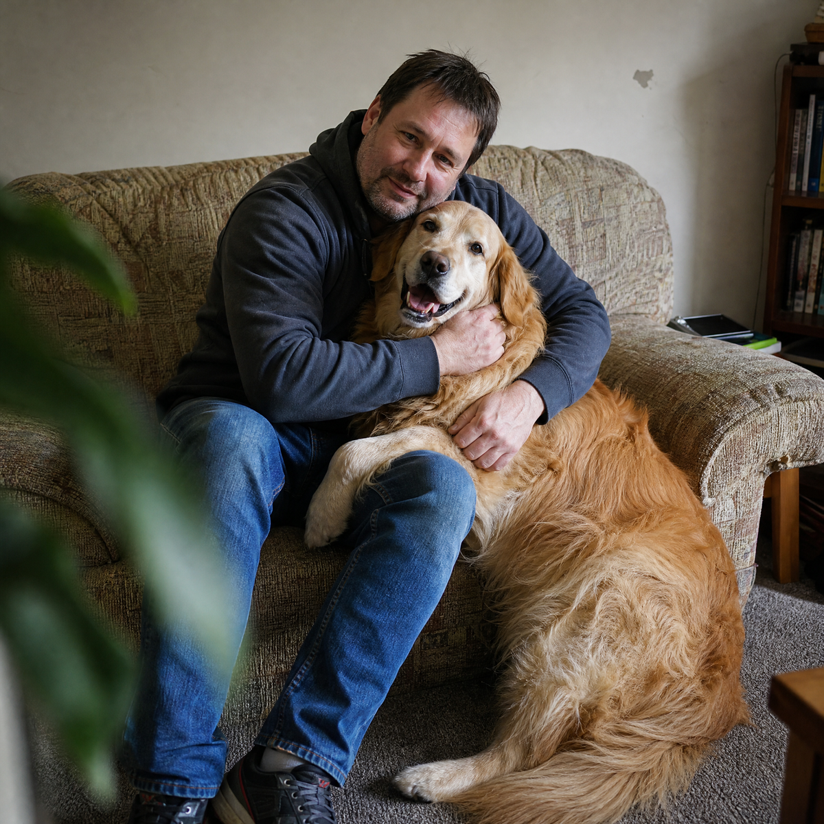 Owner hugging his Golden Retriever at home