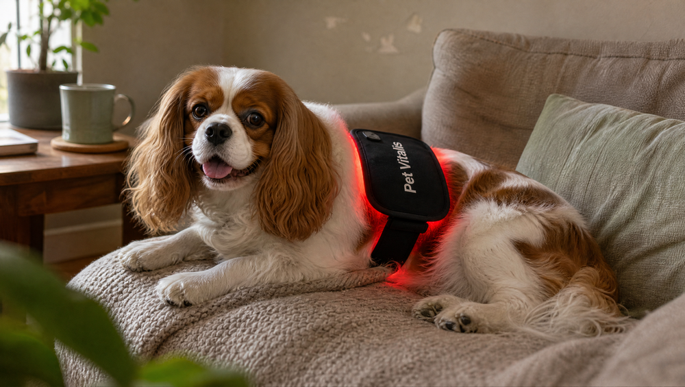 Dog resting on the Pet Vitalis light therapy pad at home