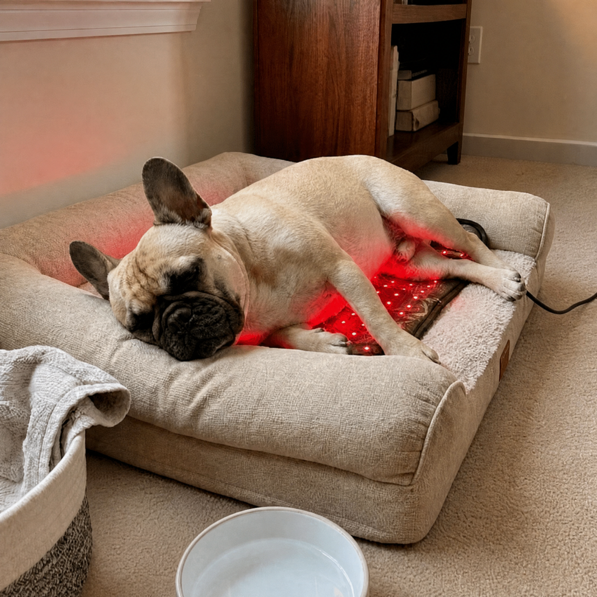 French Bulldog asleep on the pad in its bed